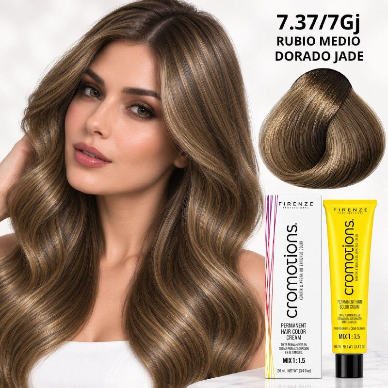 TINTE PERMANENTE PARA EL CABELLO EN CREMA RUBIO MEDIO DORADO JADE 7.37/ 7GJ FIRENZE 100ML