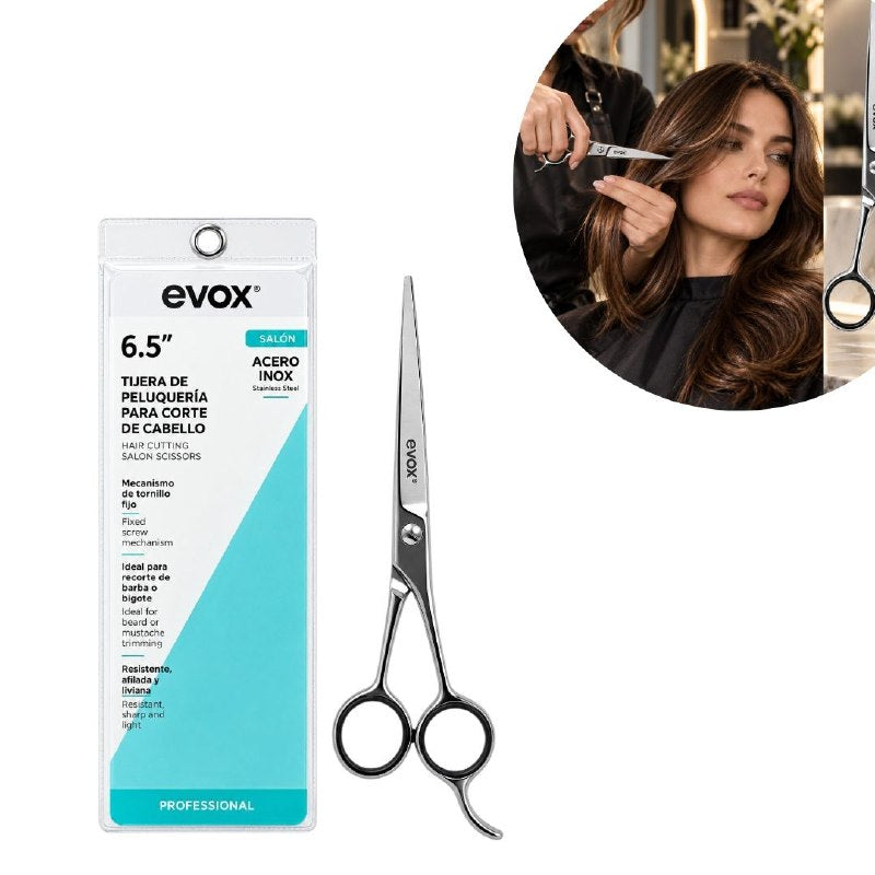 TIJERAS DE CORTE PARA PELIQUERIA Y BARBERIA DE ACERO INOXIDABLE EVOK 6.5"