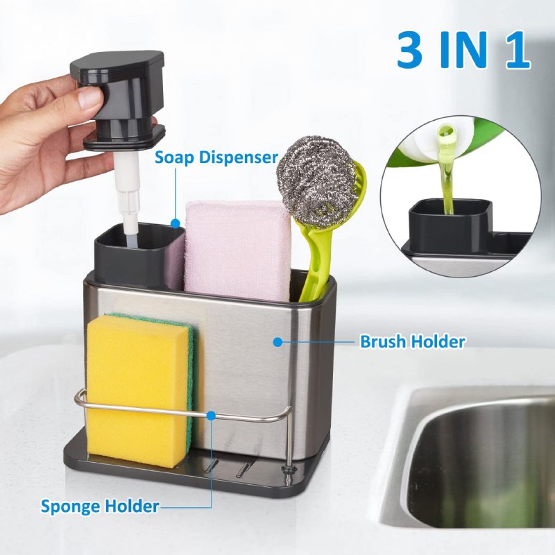 DISPENSADOR DE JABON LIQUIDO PARA COCINA, ESTANTE DE ALMACENAMIENTO DE LIMPIEZA 3 EN 1, ORGANIZADOR DE ACERO INOXIDABLE CLEAN STORAGE BOX