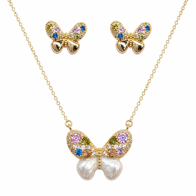 SET DE ENCHAPE PARA DAMA CADENA, DIJE Y TOPOS MARIPOSA CON CIRCONES MULTICOLOR Y PERLA