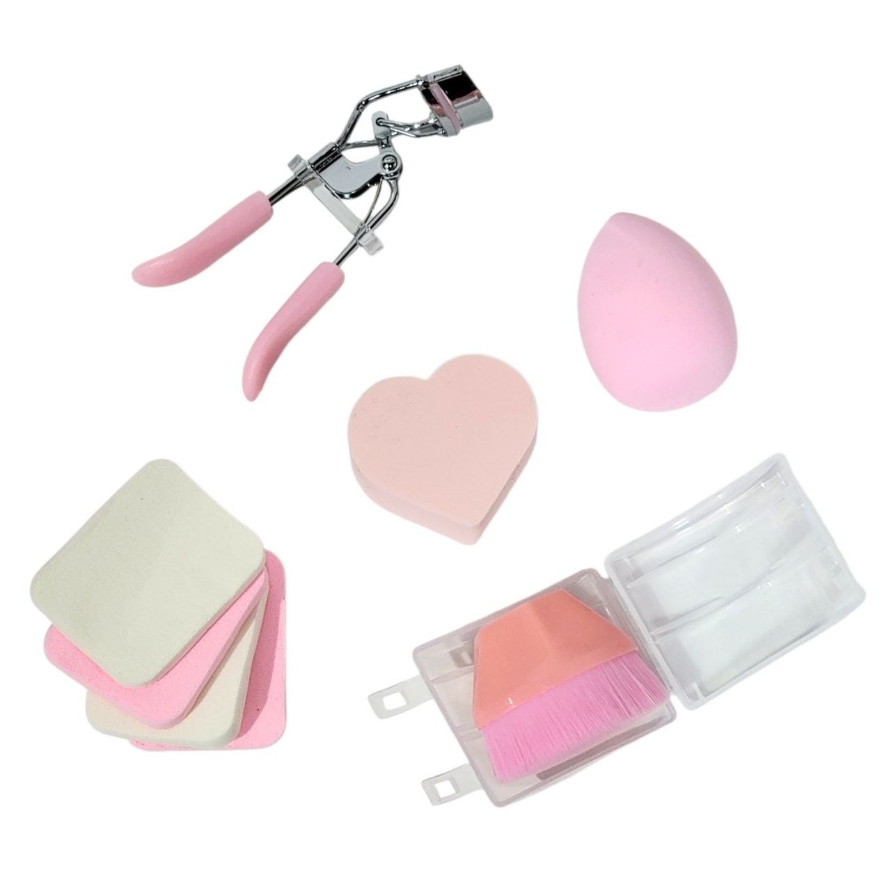 SET DE HERRAMIENTAS DE BELLEZA RIZADOR DE PESTAÑAS ESPONJAS TIPO BEAUTY BLENDER Y BORLAS YH BEJA COSMETICS