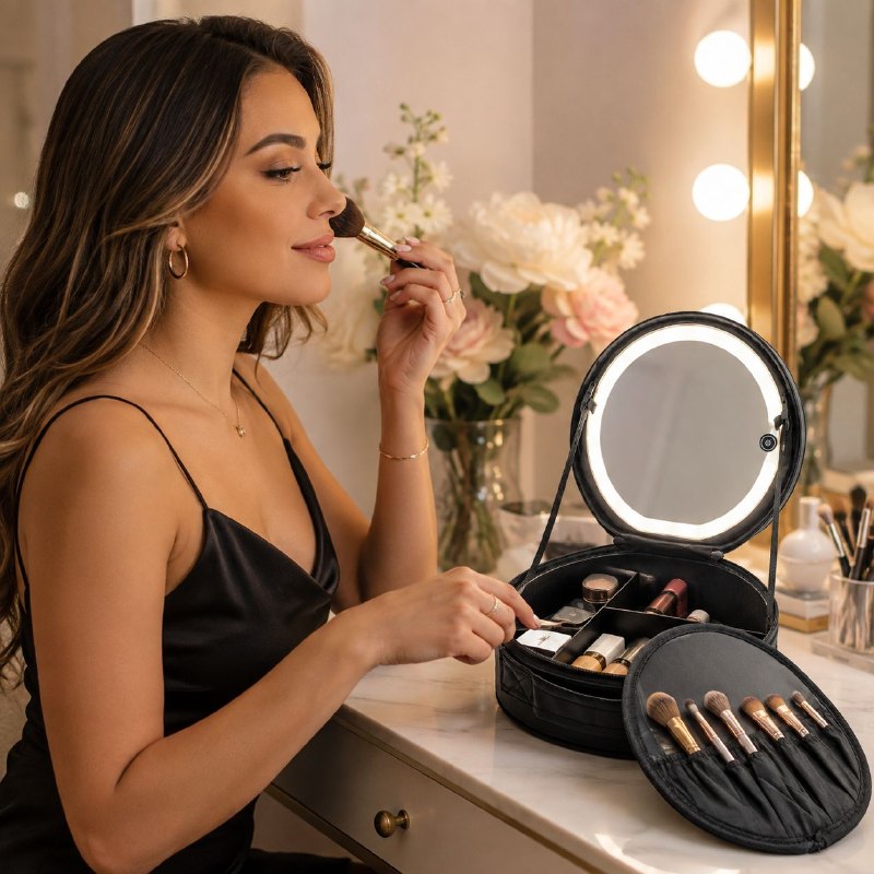 ORGANIZADOR ESTUCHE DE MAQUILLAJE PORTATIL REDONDO CON ESPEJO LED 22.3X23.3CM