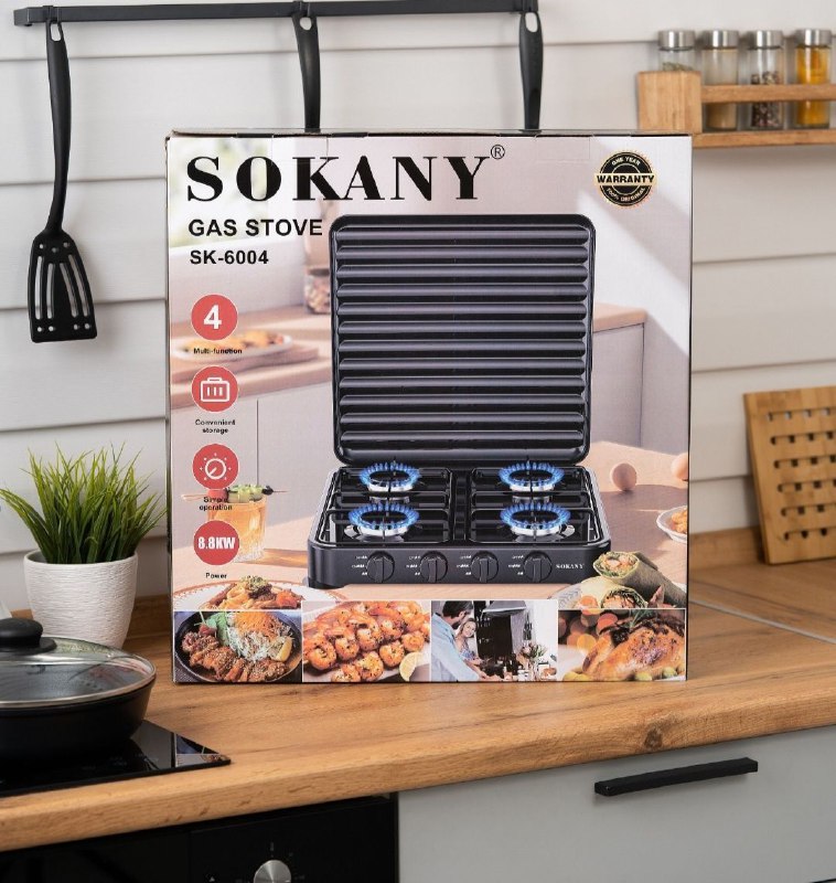 MAQUINA ESTUFA DE GAS PORTATIL DE 4 HORNILLAS DE ALTA POTENCIA SK-6004 SOKANY