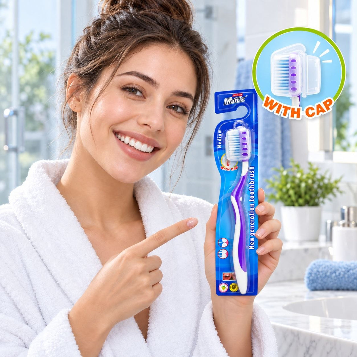 CEPILLO DENTAL CON TAPA PROTECTORA CERDAS MEDIAS MATRIX 19CM