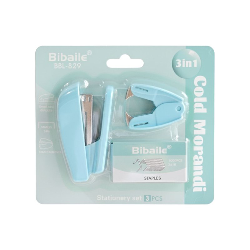 SET DE UTILES DE PAPELERIA PARA NIÑOS 3 EN 1, GRAPADORA, GRAPAS, CORRECTOR, QUITAGRAPAS BIBAILE BBL-829