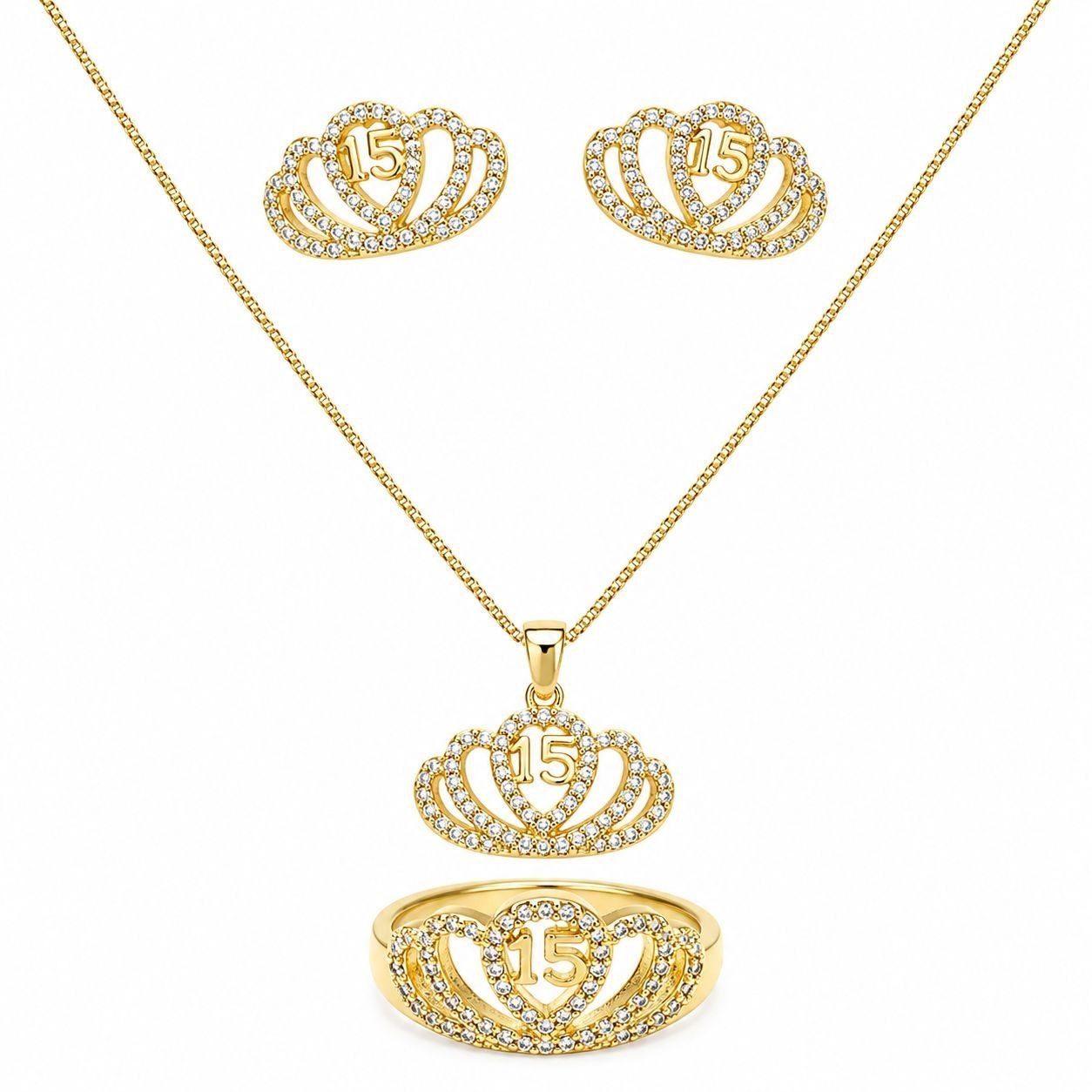 SET DE ENCHAPE PARA QUINCEAÑERA CADENA, DIJE, TOPOS Y ANILLO CORONA 15 AÑOS CON CIRCONES