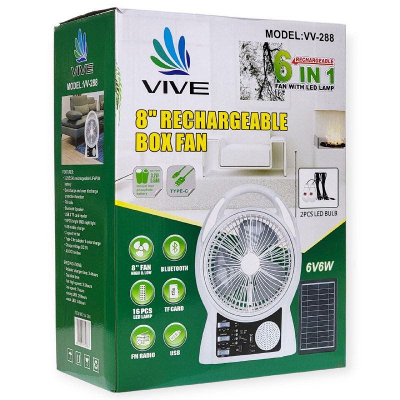 VENTILADOR RECARGABLE DE 8 PULGADAS, ALTO Y BAJO, BLUETOOTH, CON LUZ LED, TARJETA SD, 2 BOMBILLAS LED, RADIO FM, USB, PROTECCION SOBRECARGA, 2 VELOCIDADES, TIPO C, CARGA SOLAR DC5V, CARGA 3-4H, BATERIA 5H, LED 50H VIVE MODEL VV-288