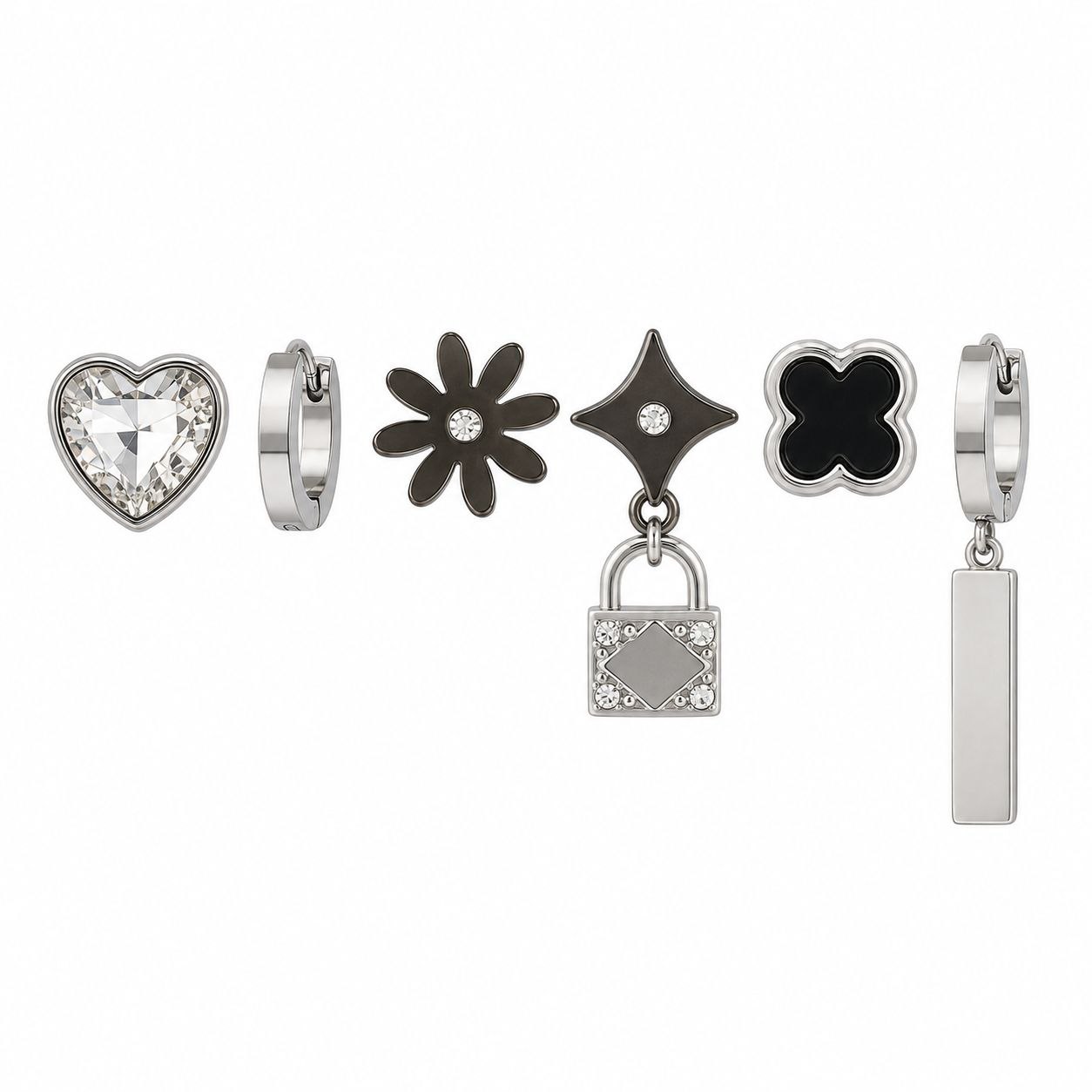 SET DE ARETES ARRACADAS DE ENCHAPE EN RODIO NEGRO Y SILVER PARA DAMA CON DIJES URBANOS Y ESMALTE