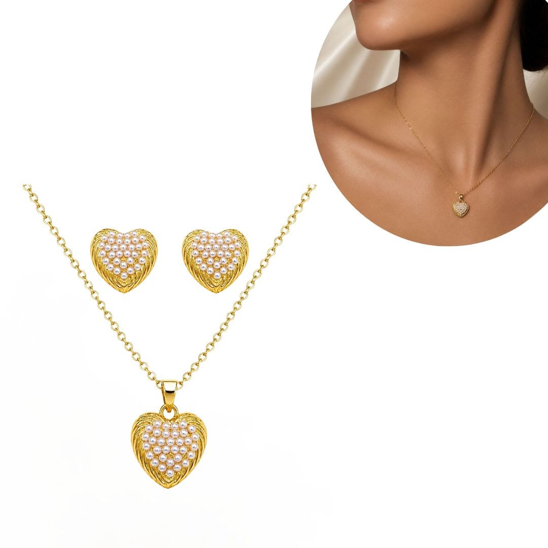 SET DE ENCHAPE PARA DAMA CADENA, DIJE Y TOPOS CORAZÓN CON PERLAS
