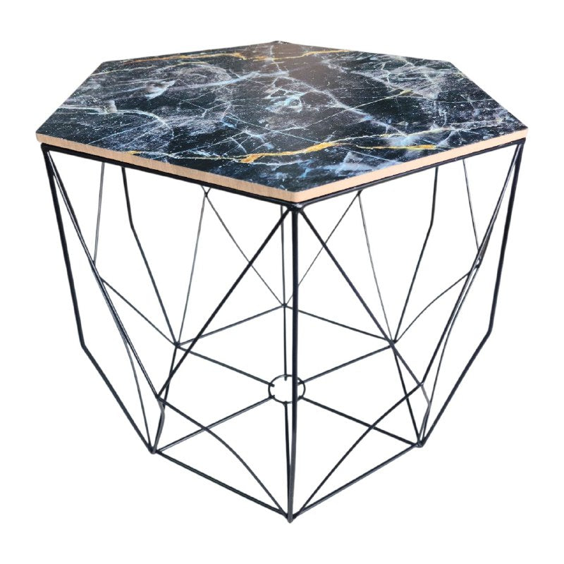 MESA COMEDOR EN SET DE 2 MESAS DECORATIVAS METALICAS DORADAS CON ACABADO MARMOL COLOR NEGRO