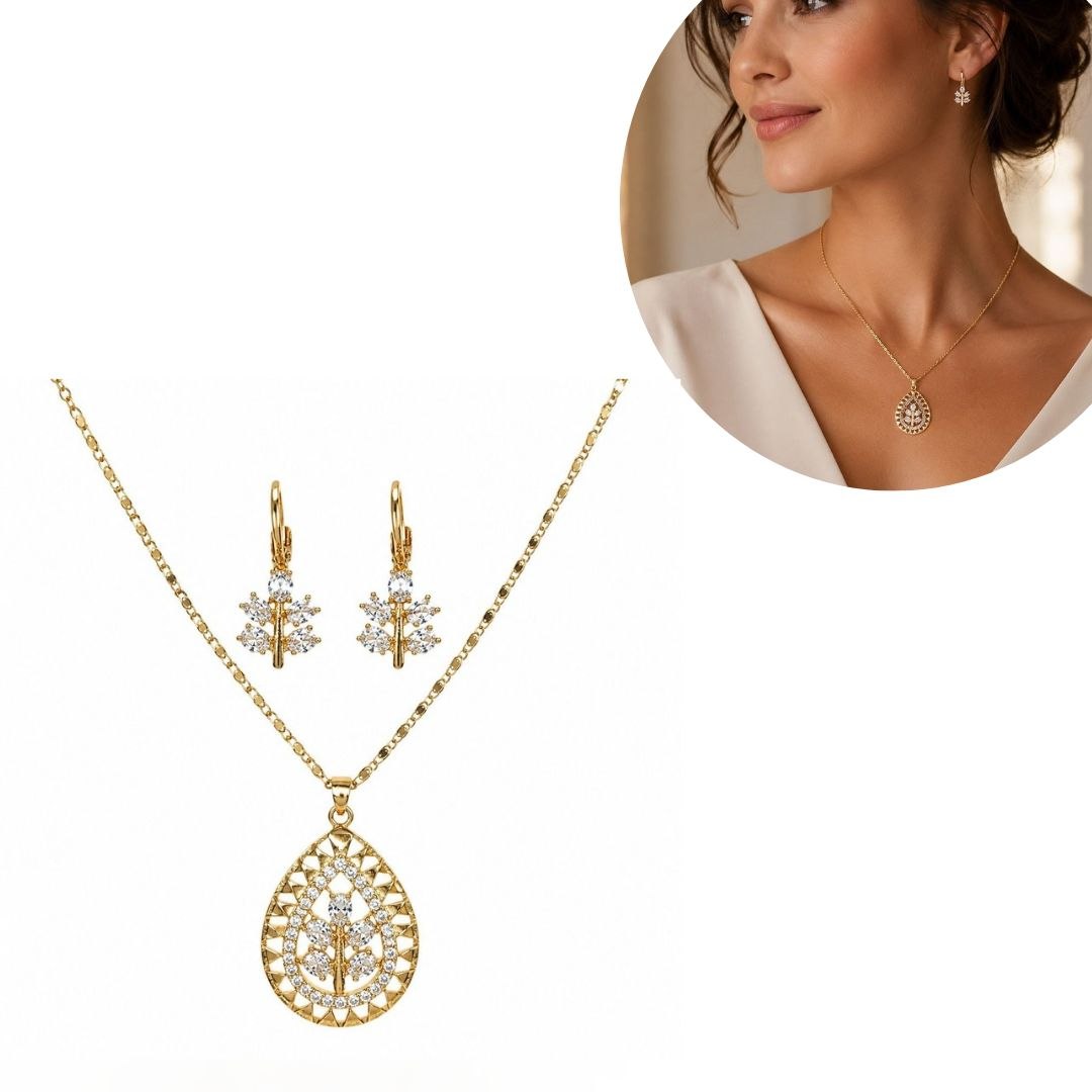SET DE ENCHAPE PARA DAMA CADENA, DIJE GOTA FILIGRANA Y ARETES COLGANTES RAMA FLORAL