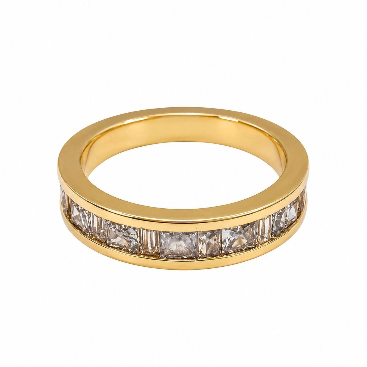 ANILLO DE ENCHAPE PARA DAMA CON CIRCONES ENGASTADOS EN CANAL CORTE PRINCESA Y BAGUETTE