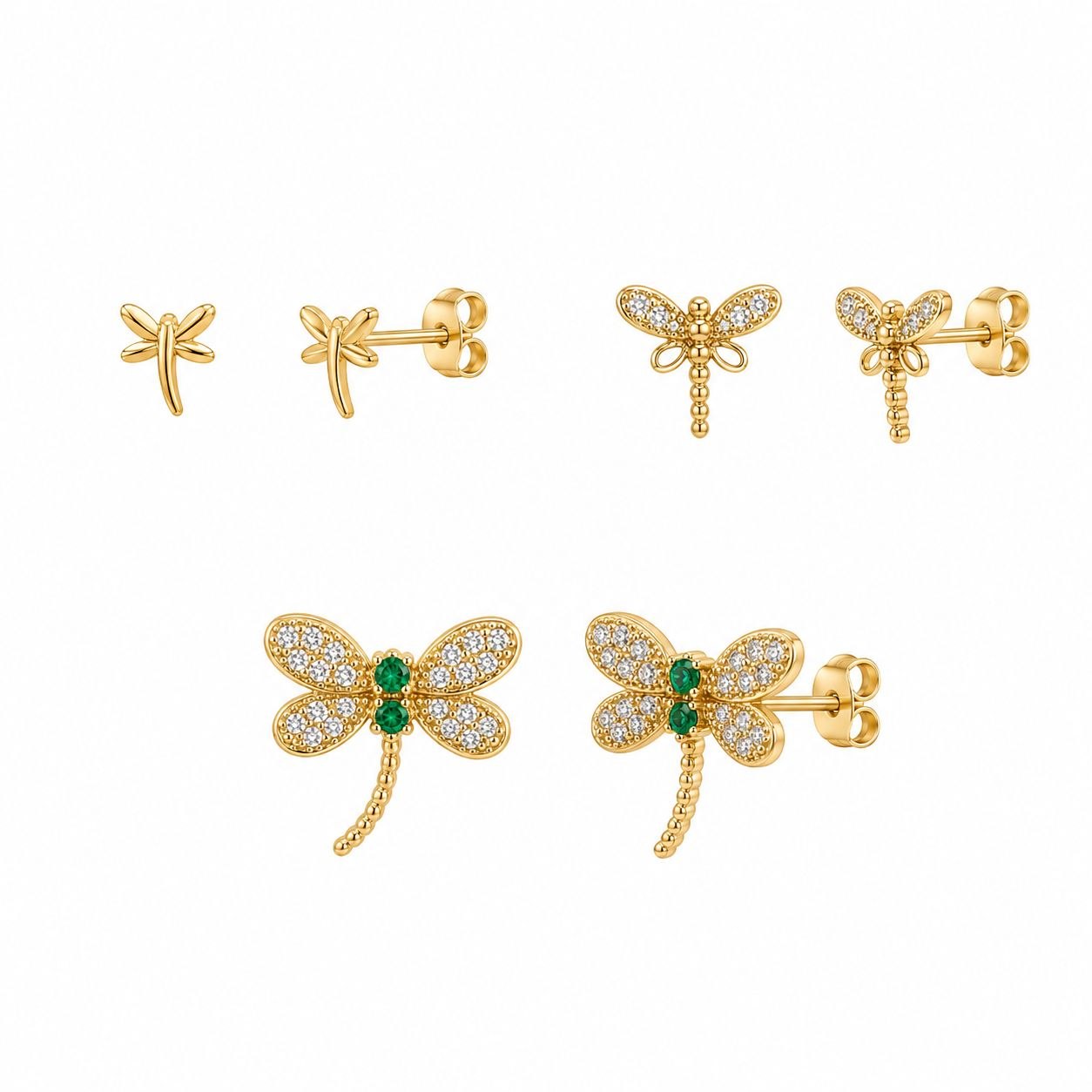 SET DE 3 PARES DE ARITOS DE ENCHAPE PARA DAMA LIBÉLULAS CON CIRCONES VERDES Y BLANCOS
