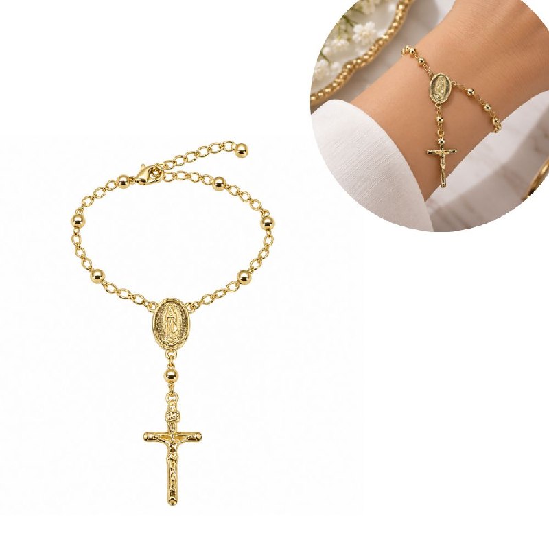PULSERA DE ENCHAPE PARA DAMA CON DISEÑO DE CRUZ Y VIRGEN 16CM