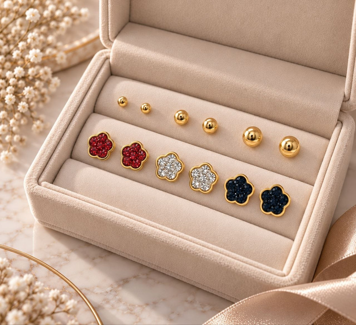 SET DE ARITOS DE ENCHAPE PARA DAMA JUEGO DE 6 PARES CON DISEÑOS DE ESFERAS LISAS Y FLORES CON CRISTALES MULTICOLOR
