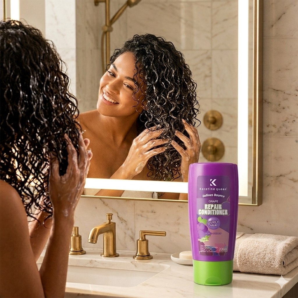 SET DE SHAMPOO Y ACONDICIONADOR HIDRATANTE Y NUTRITIVO PARA CABELLO RIZADO CON EXTRACTO DE UVA KERATINE QUEEN 325ML & 200ML