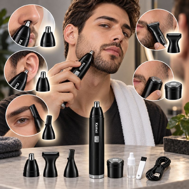 KIT DE AFEITADO Y RECORTE 4 EN 1 DE BELLO DE BARBA, CEJAS, BIGOTE PARA HOMBRES ELECTRICO RECARGABLE KEMEI