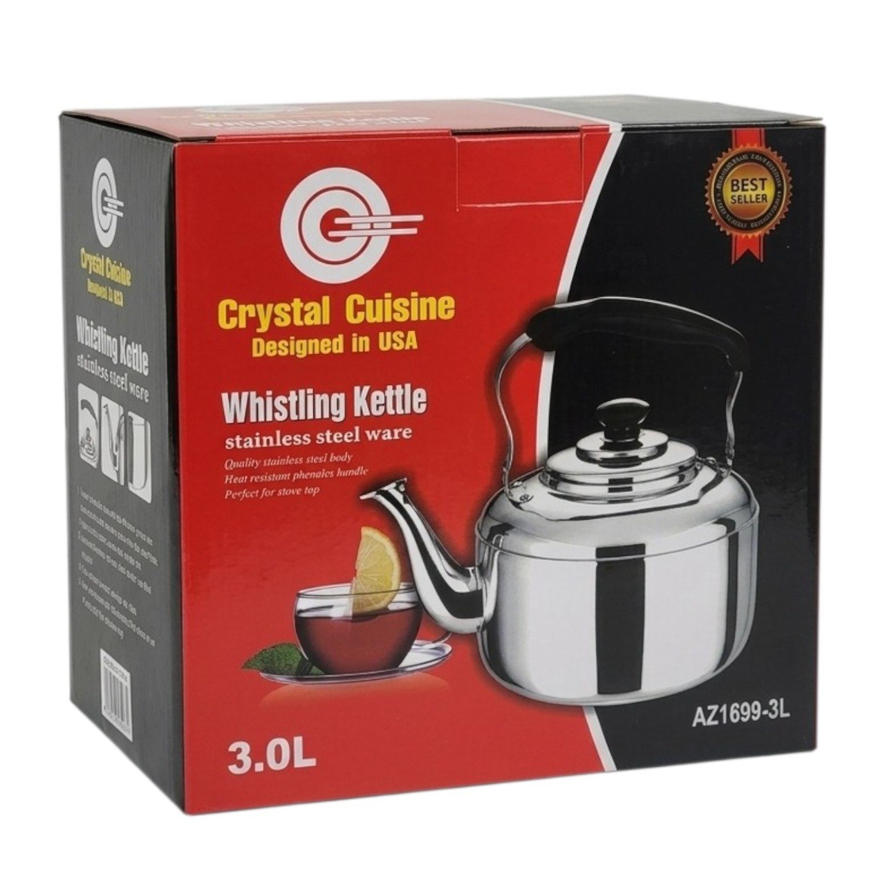 TETERA SILBADORA PARA ESTUFA DE ACERO INOXIDABLE Y MANGO RESISTENTE AL CALOR CRYSTAL CUISINE 3L