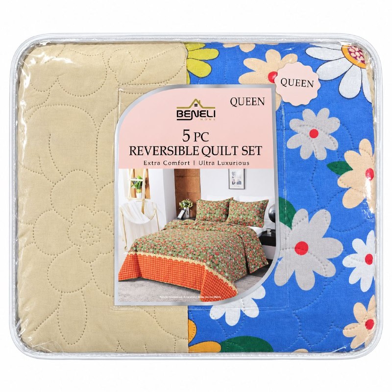 JUEGO DE EDREDON CUBRECAMA REVERSIBLE QUEEN DE 5 PIEZAS BENELI HOME