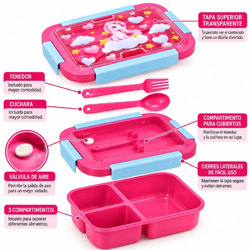 RECIPIENTE PANA PARA ALIMENTOS HERMETICA DE 3 COMPARTIMIENTOS CON CUBIERTOS PARA NIÑOS(AS) FRESH GUARD 1400ML