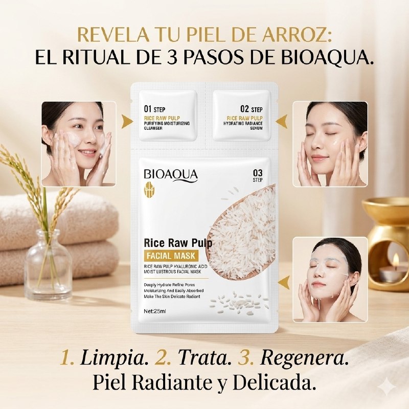 MASCARILLA FACIAL DE TELA 3 PASOS DE PULPA CRUDA DE ARROZ Y ACIDO HIALURONICO HIDRATANTE E ILUMINADORA BIOAQUA 25ML