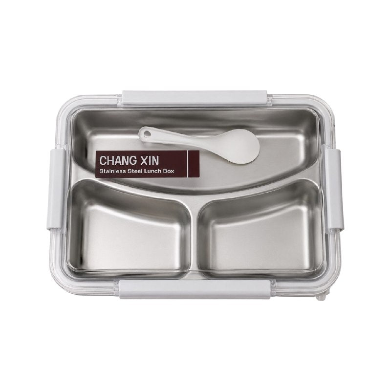 LONCHERA DE ACERO INOXIDABLE DE 3 COMPARTIMIENTOS CON CUCHARA CHANG XIN MEDIDAS 24.5X26CM