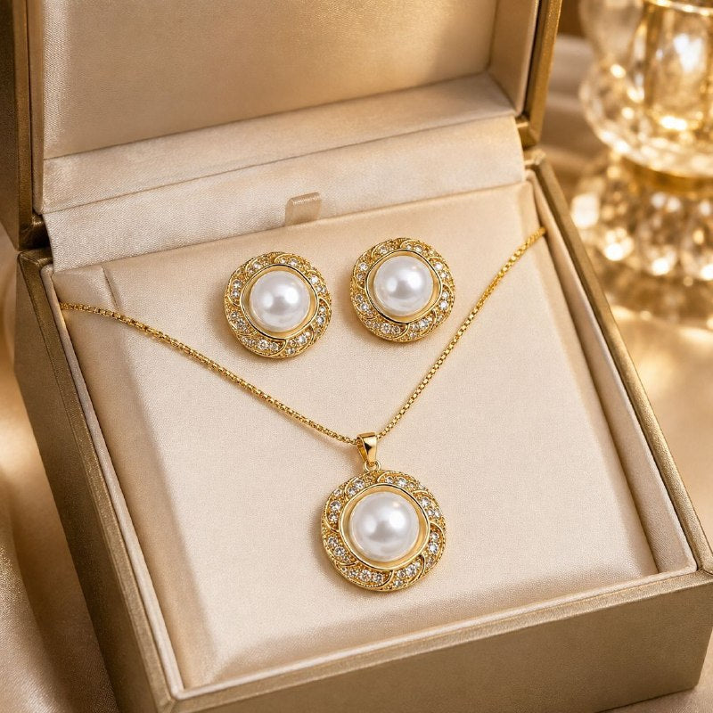 SET DE ENCHAPE PARA DAMA CADENA, DIJE Y TOPOS CIRCULAR CON PERLA Y CIRCONES