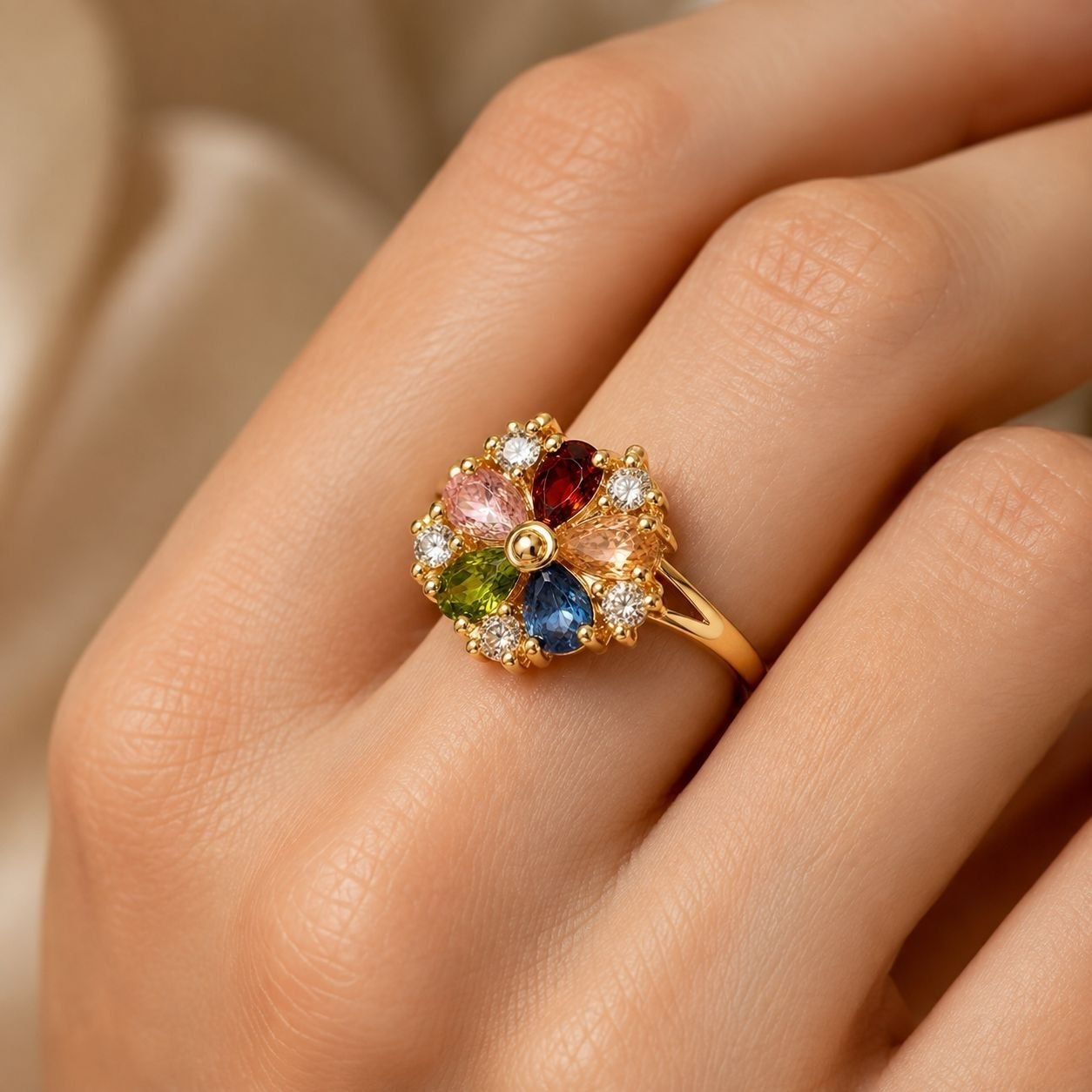 ANILLO DE ENCHAPE PARA DAMA CON DISEÑO DE FLOR Y CIRCONES MULTICOLOR