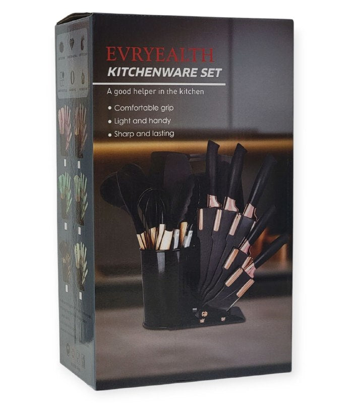 JUEGO DE CUCHILLOS DE COCINA CON UTENSILIOS Y TABLA DE PICAR COLOR BLANCO EVRYEALTH 18PCS
