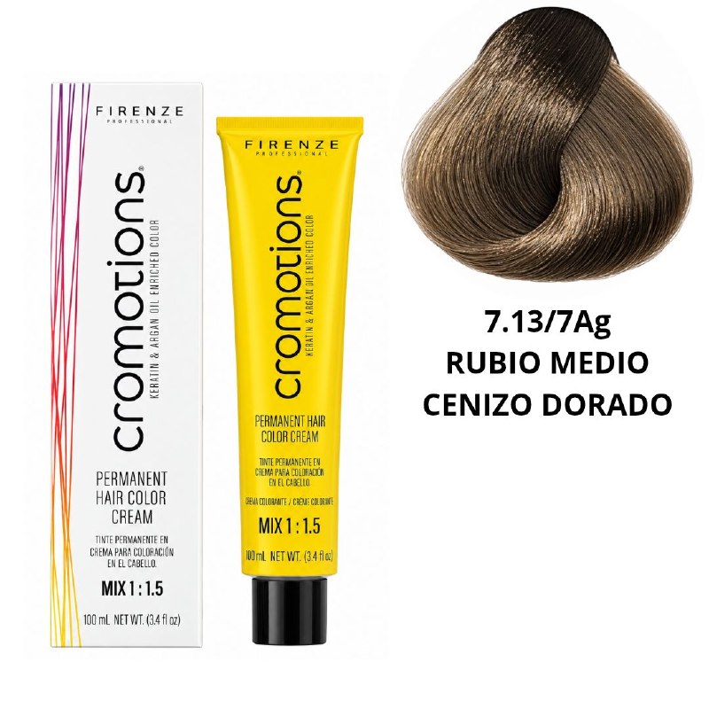 TINTE PERMANENTE PARA EL CABELLO EN CREMA RUBIO MEDIO CENIZO DORADO 7.13/ 7AG FIRENZE 100ML