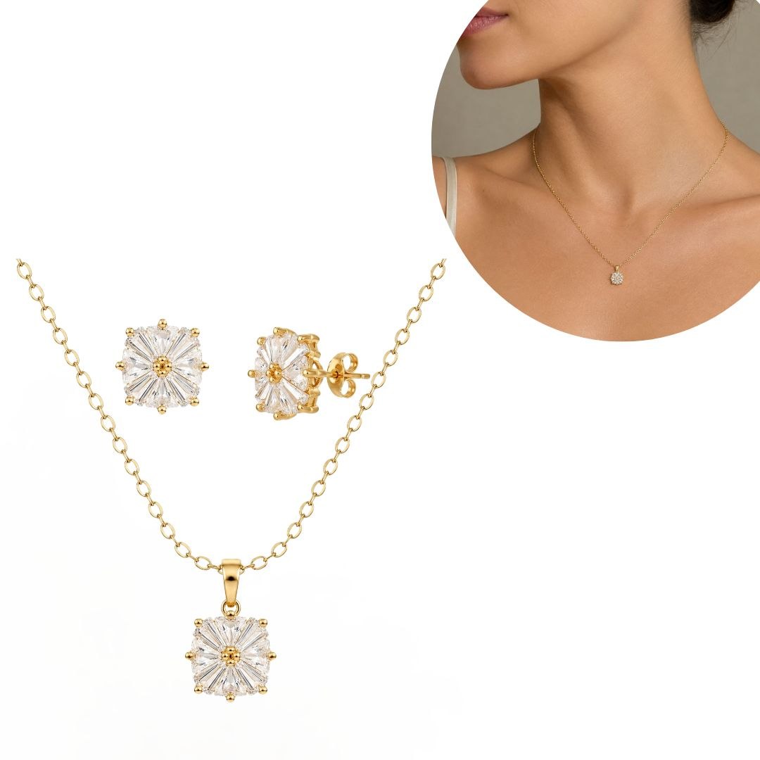 SET DE ENCHAPE PARA DAMA CADENA, DIJE Y TOPOS FLOR CUADRADA CON CIRCONES BAGUETTE