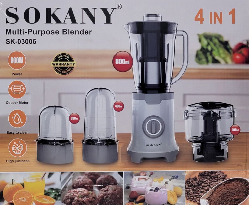 MAQUINA LICUADORA MULTIUSOS 4 EN 1 SK-03006 800W SOKANY