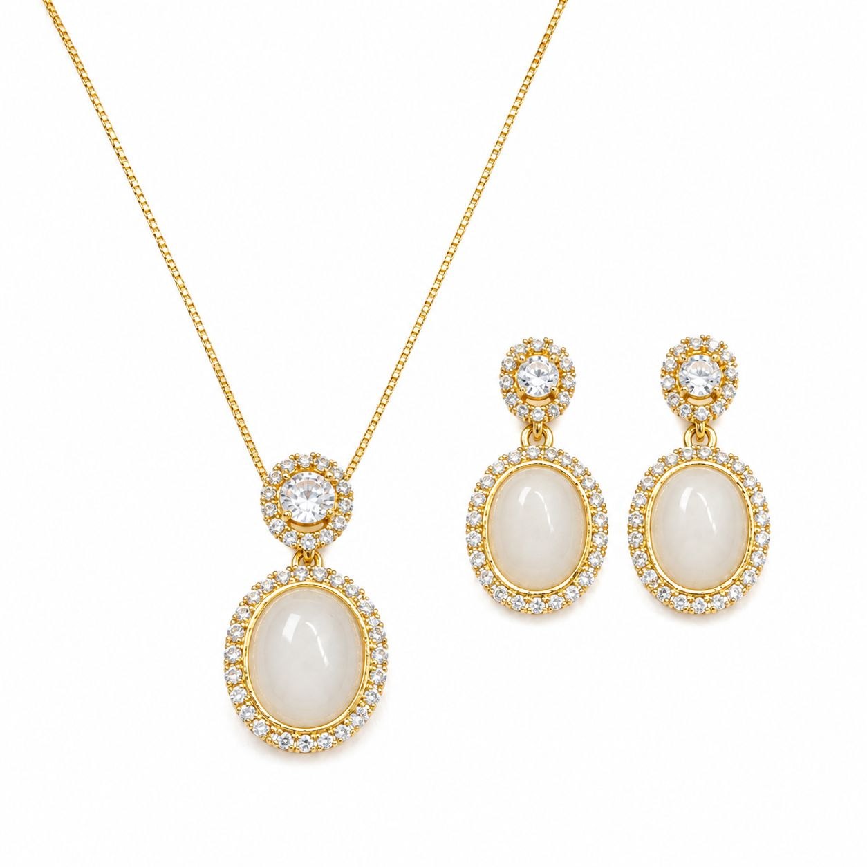 SET DE ENCHAPE PARA DAMA CON DISEÑO OVALADO DE PIEDRA BLANCA CABUCHÓN Y DOBLE HALO DE CIRCONES