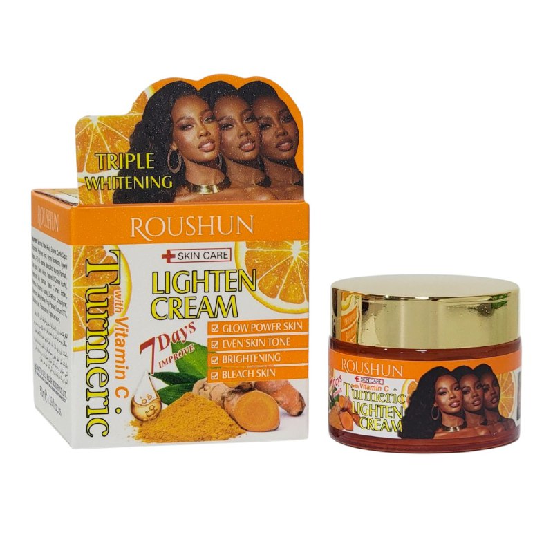 CREMA FACIAL BLANQUEADORA CON VITAMINA C Y CURCUMA, MEJORA EL TONO UNIFORME DE LA PIEL, ESTIMULA PRODUCCION DE COLAGENO, REDUCE MANCHAS DE COLOR, EDAD, ACNE ROUSHUN LIGHTEN CREAM 50G