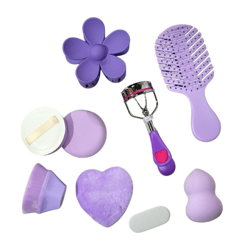 SET DE MAQUILLAJE DE 9 PIEZAS ENCRESPADOR PESTAÑAS, ESPONJAS, LIMA, BROCHA