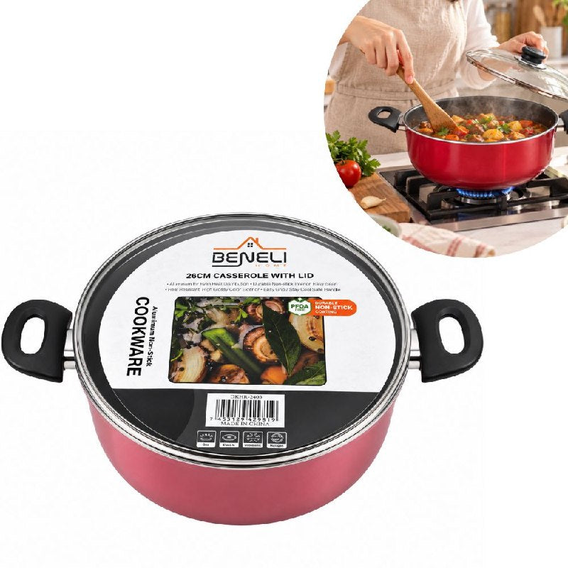 OLLA CACEROLA ANTIADHERENTE CON TAPA DE VIDRIO DE 26CM BENELI HOME