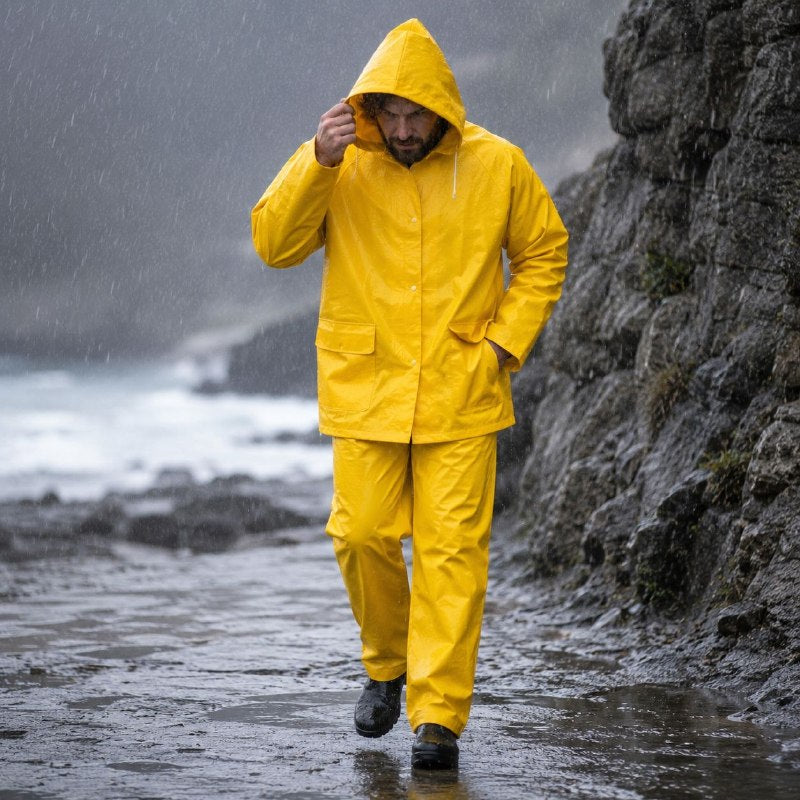 CONJUNTO IMPERMEABLE PARA LLUVIA CHAQUETA CON CAPUCHA Y PANTALON AMARILLO