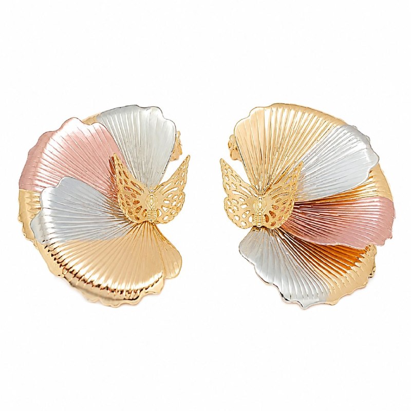 ARITOS DE ENCHAPE PARA DAMA CON DISEÑO DE FLOR Y MARIPOSA 5.7CM