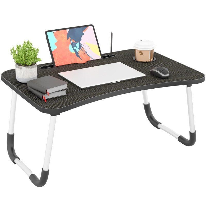 MESA PLEGABLE PORTATIL PARA CAMA O SOFA CON PORTAVASOS Y RANURA PARA TABLET 60X40X27CM