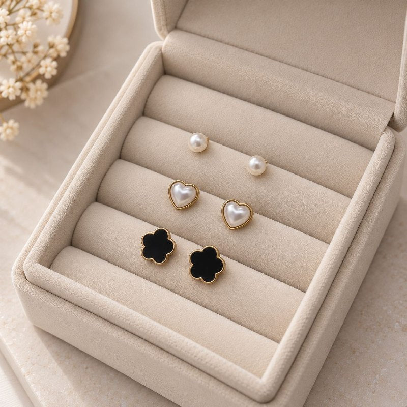 SET DE ARITOS DE ENCHAPE PARA DAMA CON DISEÑO DE PERLA, CORAZON Y FLOR