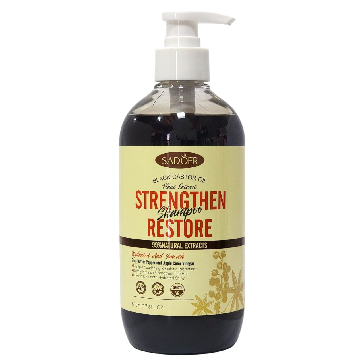 SHAMPOO PARA EL CABELLO DE ACEITE DE RICINO NEGRO, FORTALECEDOR, CABELLO HIDRATADO Y SUAVE, MANTECA DE KARITE, REPARADOR, CABELLO SUAVE, HIDRATADO Y BRILLANTE SADOER STENGTHEN RESTORE 500ML