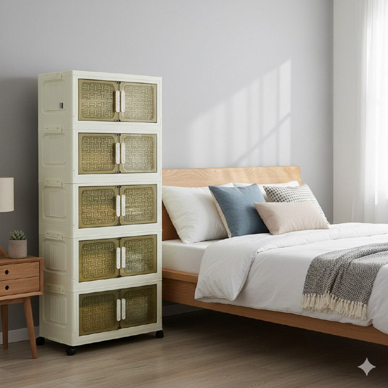 ORGANIZADOR ESTANTE DE ALMACENAMIENTO MODULAR DE PLASTICO DE 5 NIVELES, CON PUERTAS FRONTALES Y RUEDAS ELEGANTE Y RESISTENTE 49.5X27.5X27CM