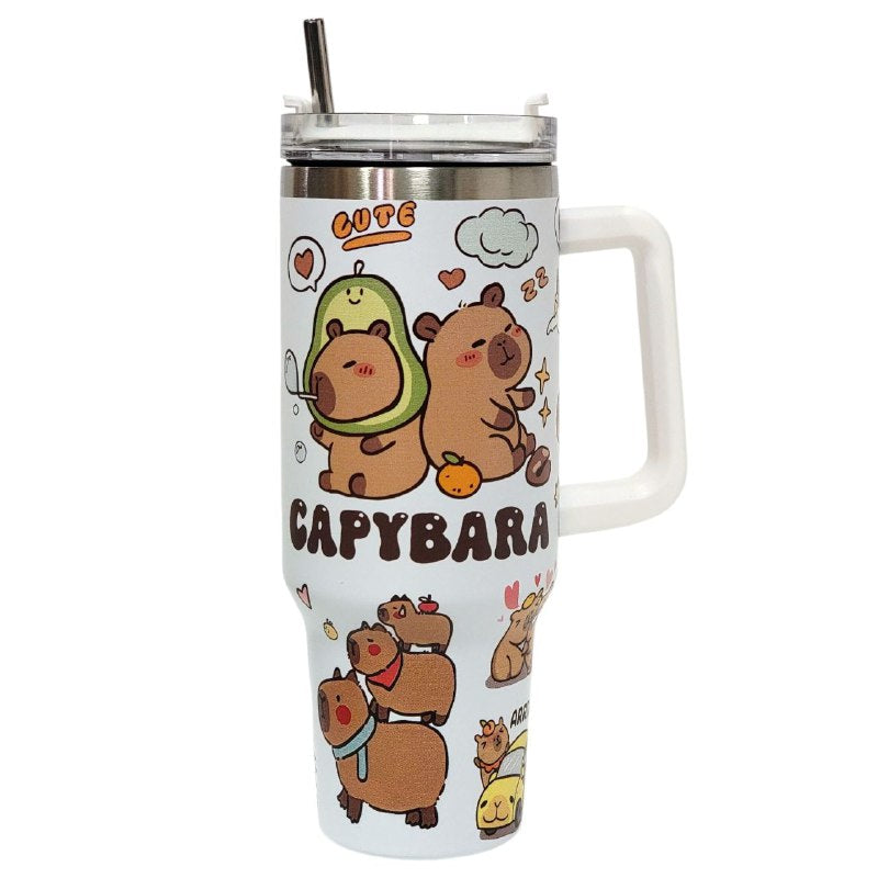 TERMO DE ACERO INOXIDABLE CON ASA DISEÑO DE CAPIBARA CON SORBETE 1200ML