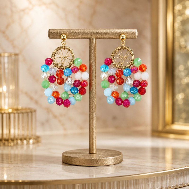 ARITOS DE ENCHAPE PARA DAMA CON DISEÑO DE ATRAPASUEÑOS Y PIEDRAS MULTICOLOR 4CM