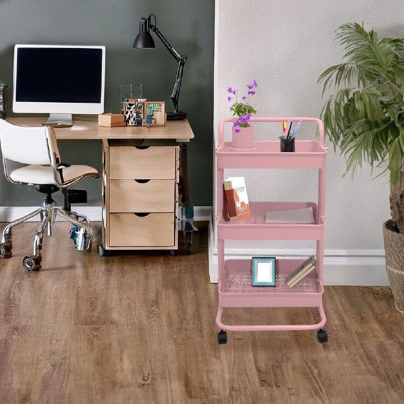 ESTANTE CARRITO DE ALMACENAMIENTO RODANTE DE 3 NIVELES PLASTICO COLOR ROSADO