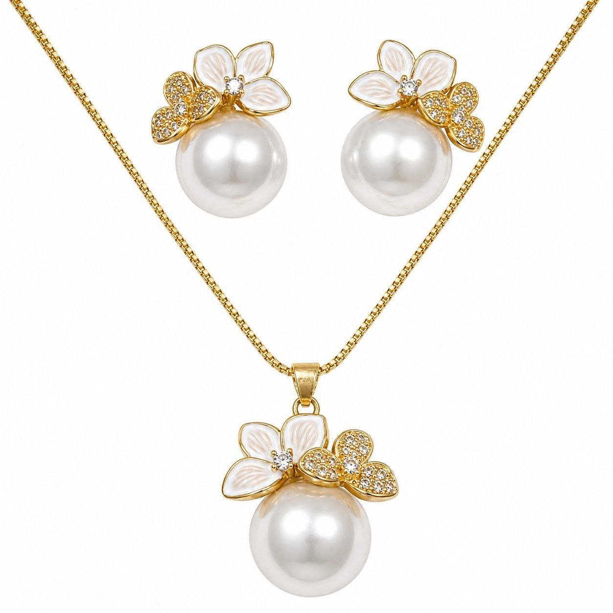 SET DE ENCHAPE PARA DAMA CADENA, DIJE Y TOPOS FLOR ESMALTADA Y MARIPOSA CON PERLA