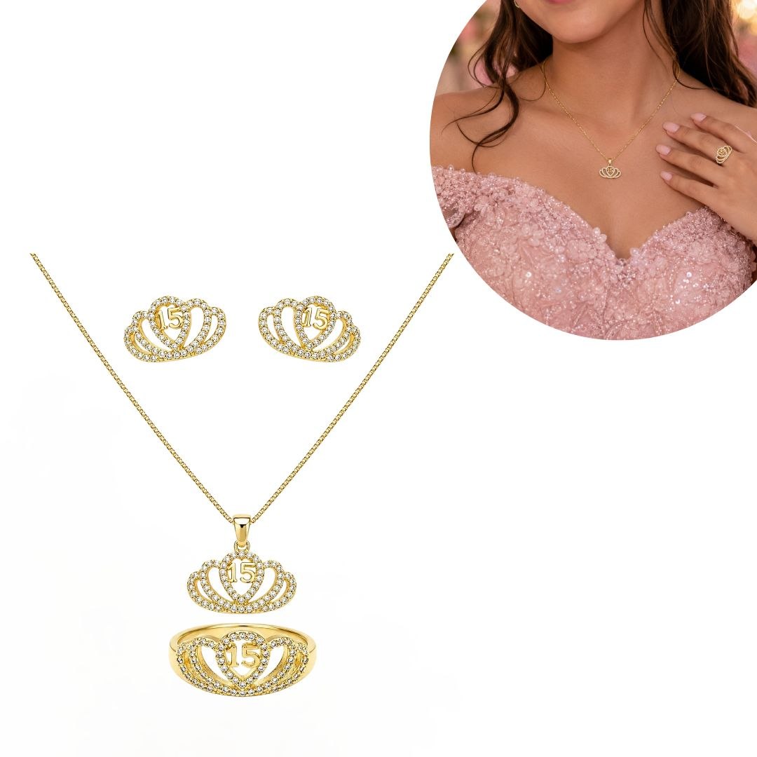 SET DE ENCHAPE PARA QUINCEAÑERA CADENA, DIJE, TOPOS Y ANILLO CORONA 15 AÑOS CON CIRCONES
