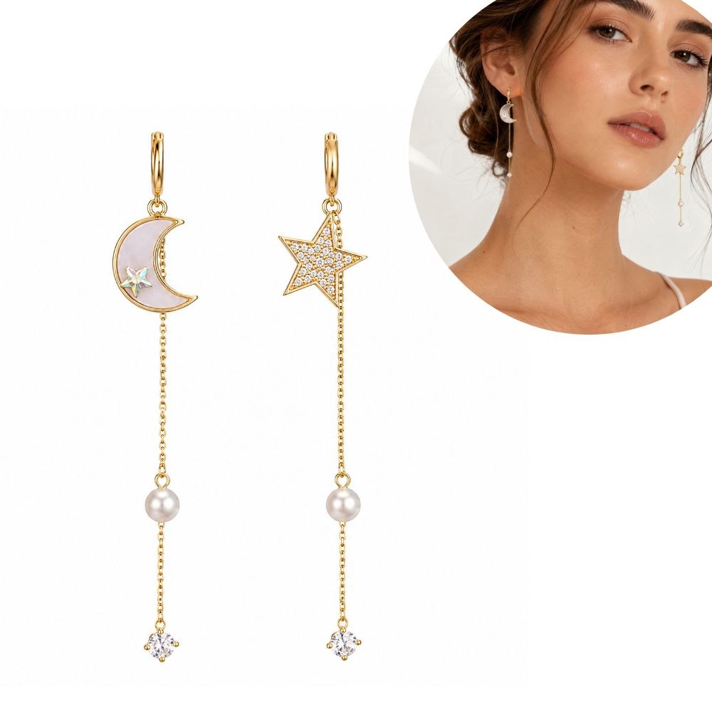 ARETES DE ENCHAPE PARA DAMA ASIMÉTRICOS LUNA Y ESTRELLA COLGANTES CON PERLA Y CIRCONES