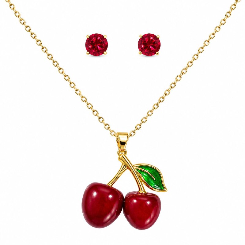 SET DE ENCHAPE PARA DAMA CON DISEÑO DE CEREZAS Y ARETES DE CIRCÓN ROJO