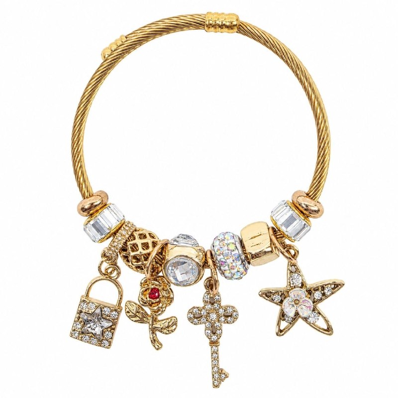 PULSERA DE ENCHAPE PARA DAMA CON DISEÑO DE ESTRELLA DE MAR, CANDADO Y FLOR
